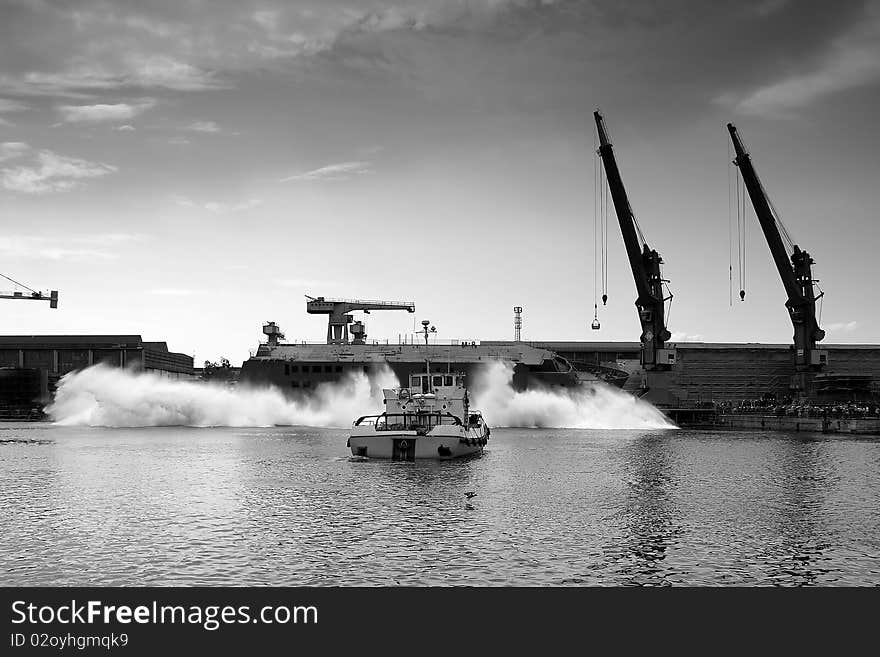 Launching a side newly built ship in the Gdansk Shipyard