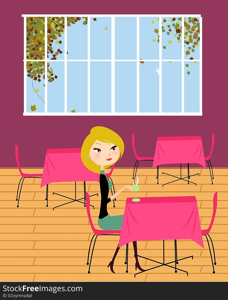 Illustration of a pretty girl on coffee time