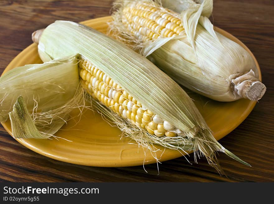 Two ears of corn in their husks on a yellow plate and table. Two ears of corn in their husks on a yellow plate and table.