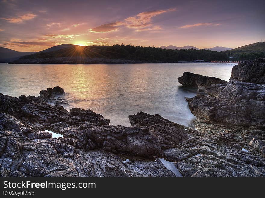 Sunset landscape at the beach in Montenegro