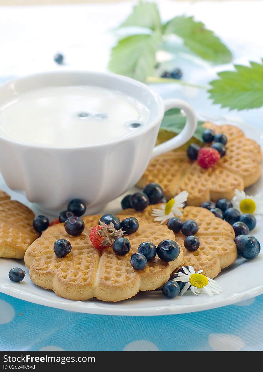 Cup of milk with cookies and berries for breakfast. Cup of milk with cookies and berries for breakfast