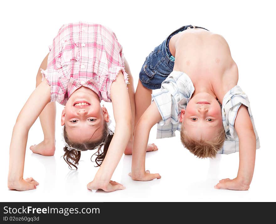 Brother and sister. Isolated on white background