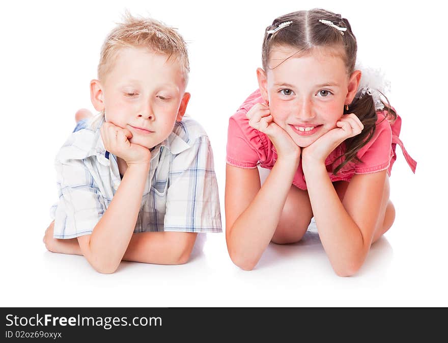 Brother and sister. Isolated on white background