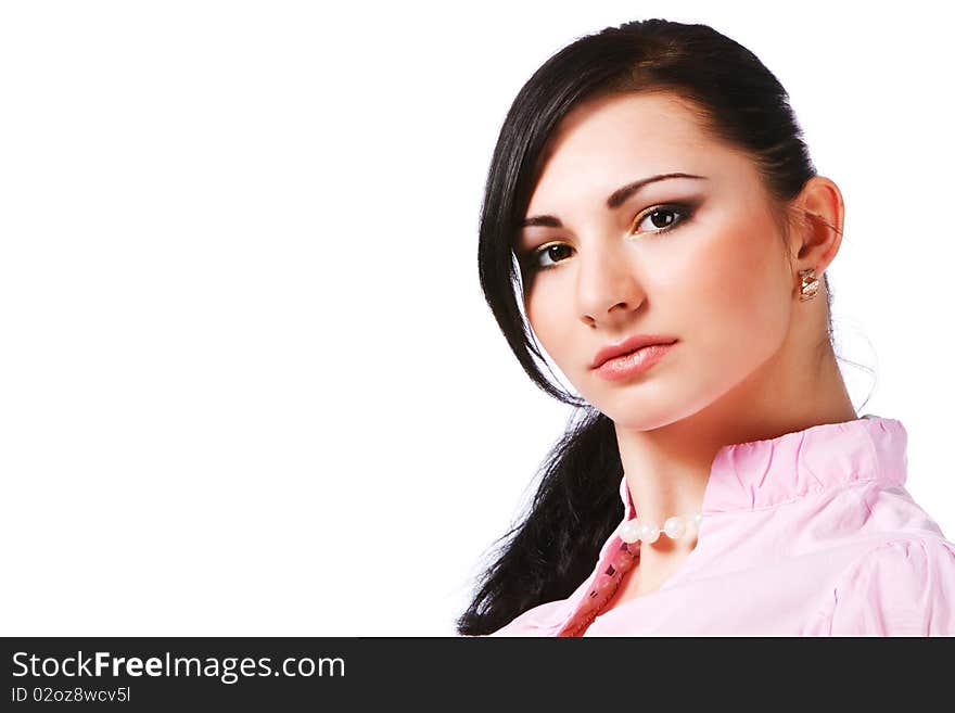 Portrait of a attractive young girl in pink blouse with papers on white background.