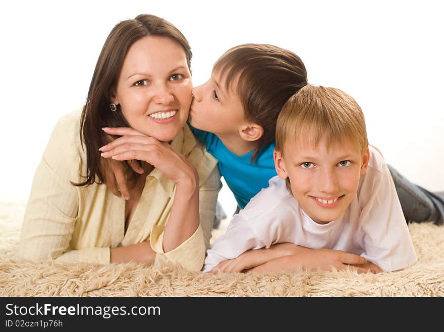 Happy mom with  children on a white background. Happy mom with  children on a white background