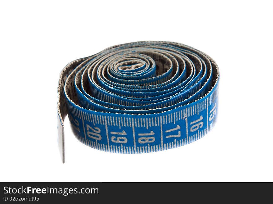 Blue measuring tape on white