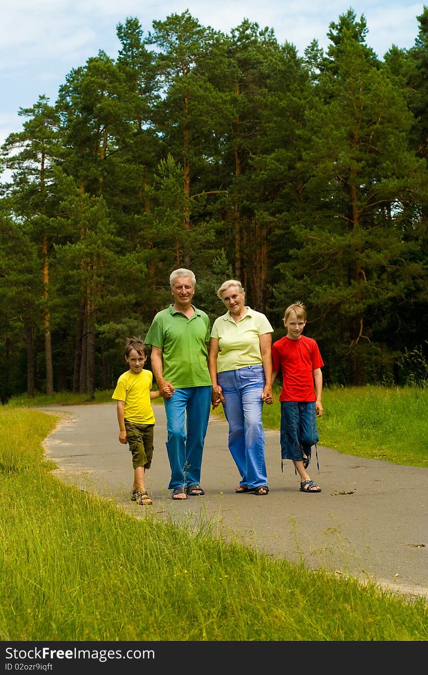 Elderly couple with their grandchildren in a summer park