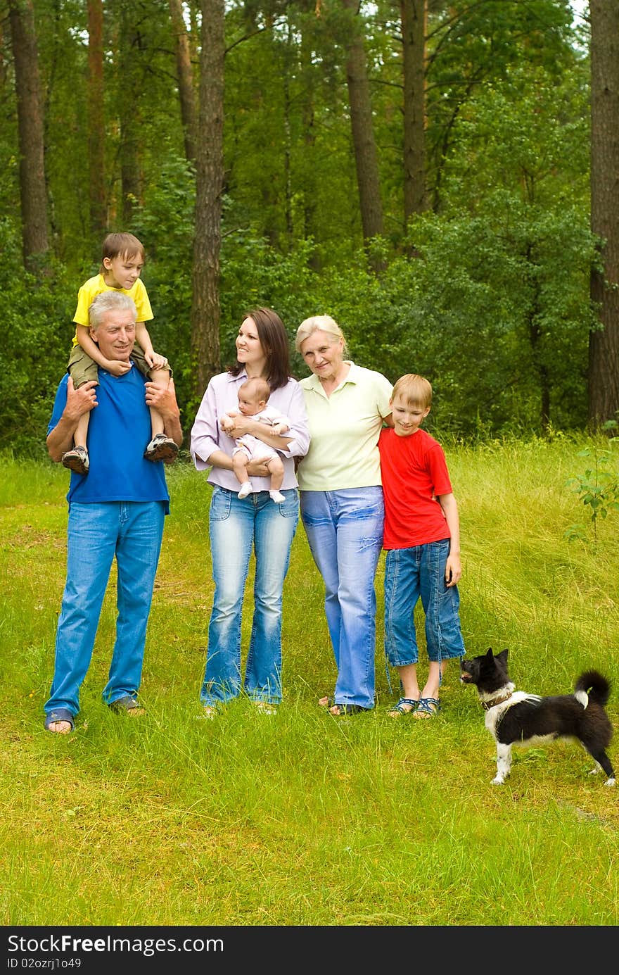 Portrait of a happy family of six on the nature