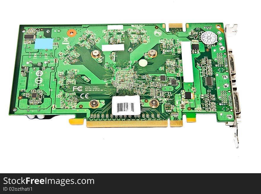 Graphics card circuit board on white background.