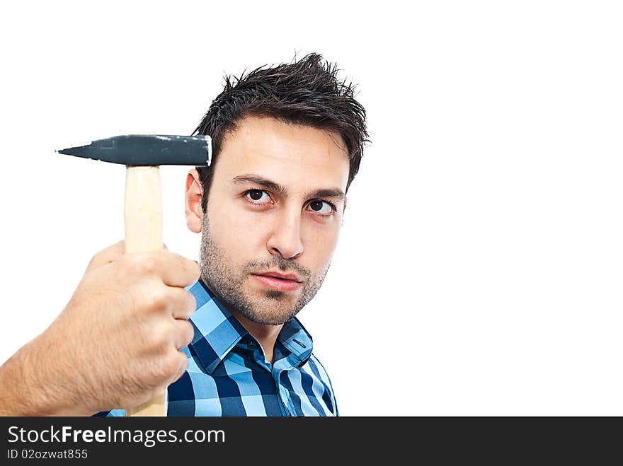 Bearded young man posing on white background