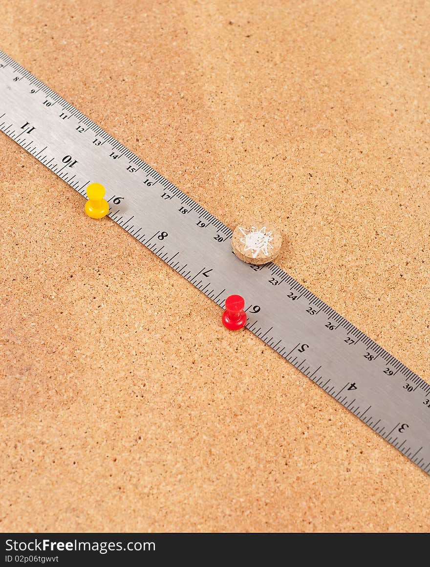 Ruler with Push Pins on Cork Wood. Ruler with Push Pins on Cork Wood