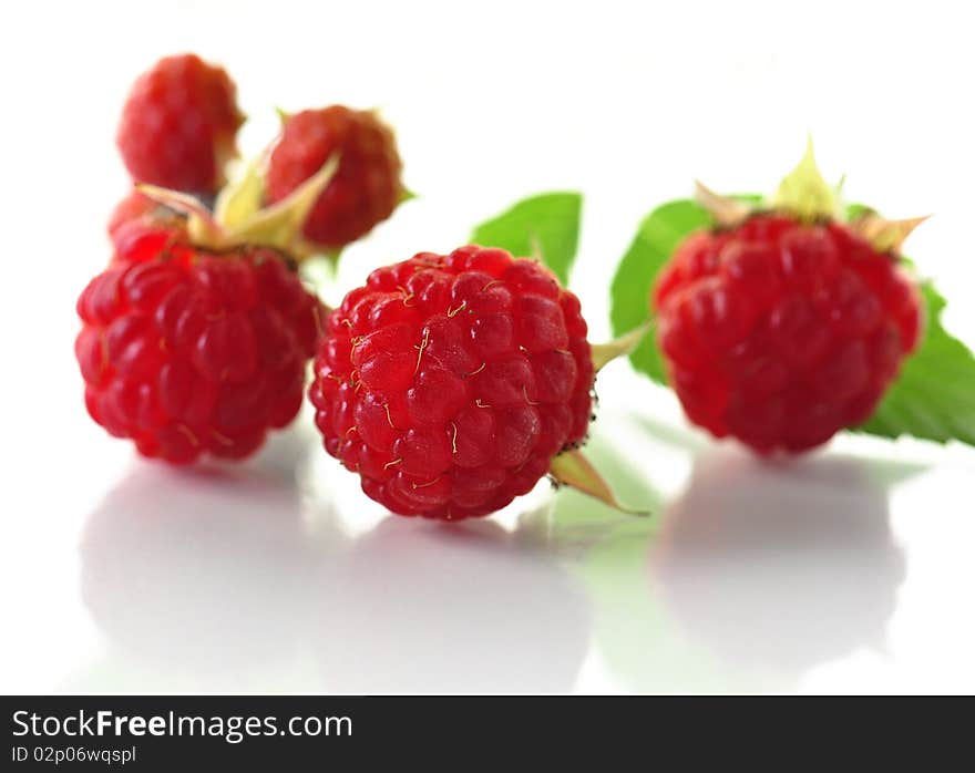 Fresh raspberries on a white background