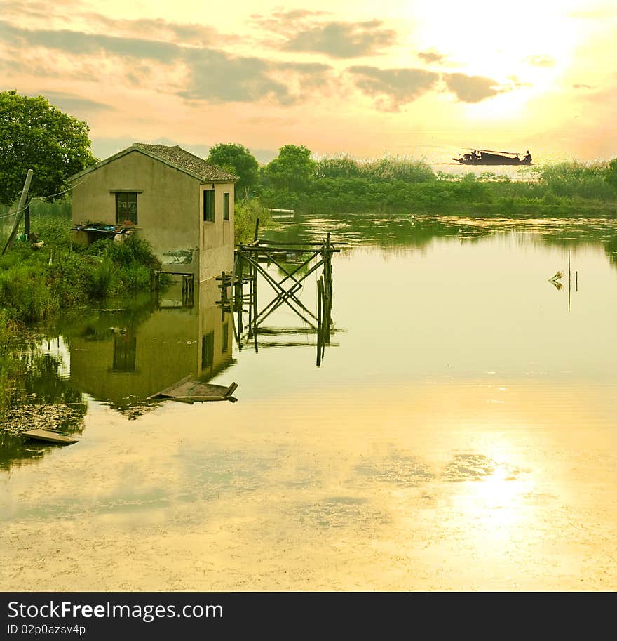 The beautiful lakeside in the evening