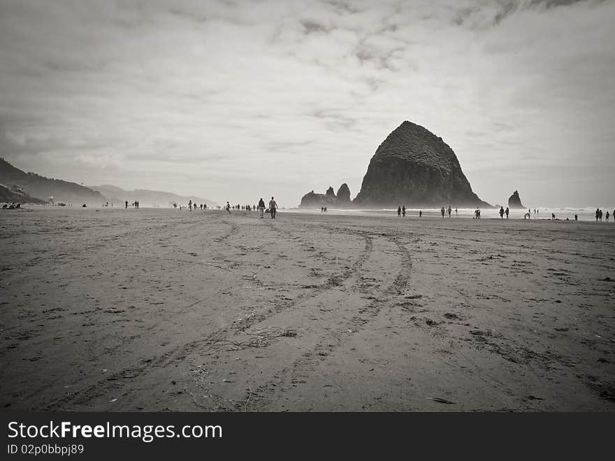 The main beach in Cannon Beach featuring the famous Haystack Rock