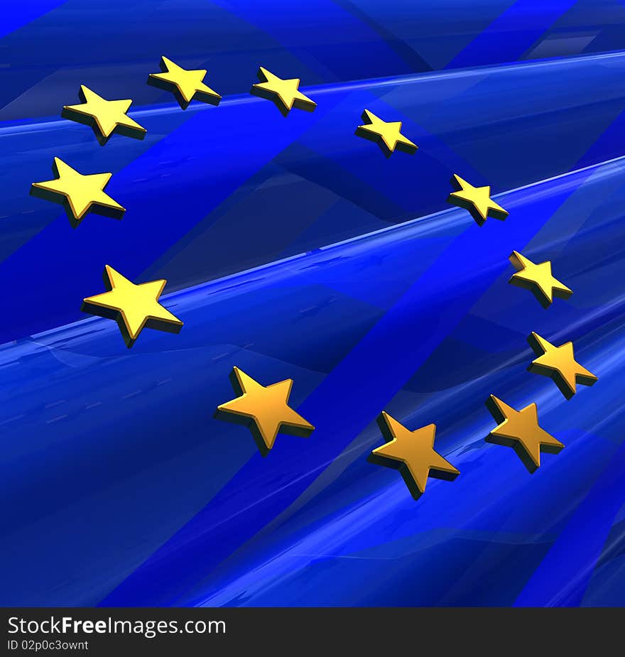 3d illustration of european stars over blue glass background