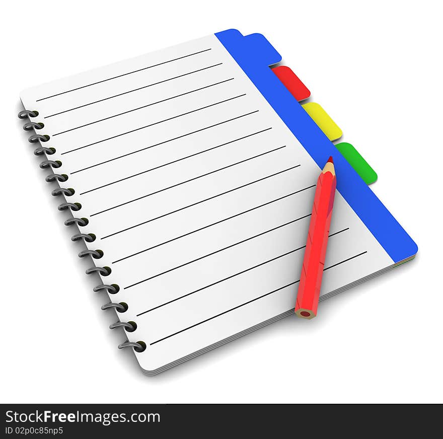 3d illustration of business notepad with pencil, over white background. 3d illustration of business notepad with pencil, over white background