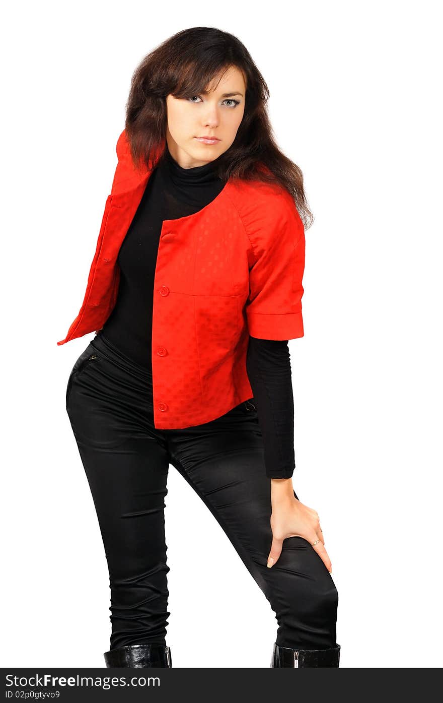 Beautiful girl in red-black clothes, isolated on white