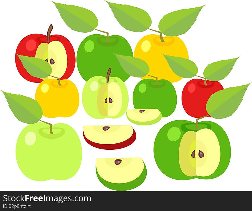 Green, red and yellow apples with leave. Green, red and yellow apples with leave