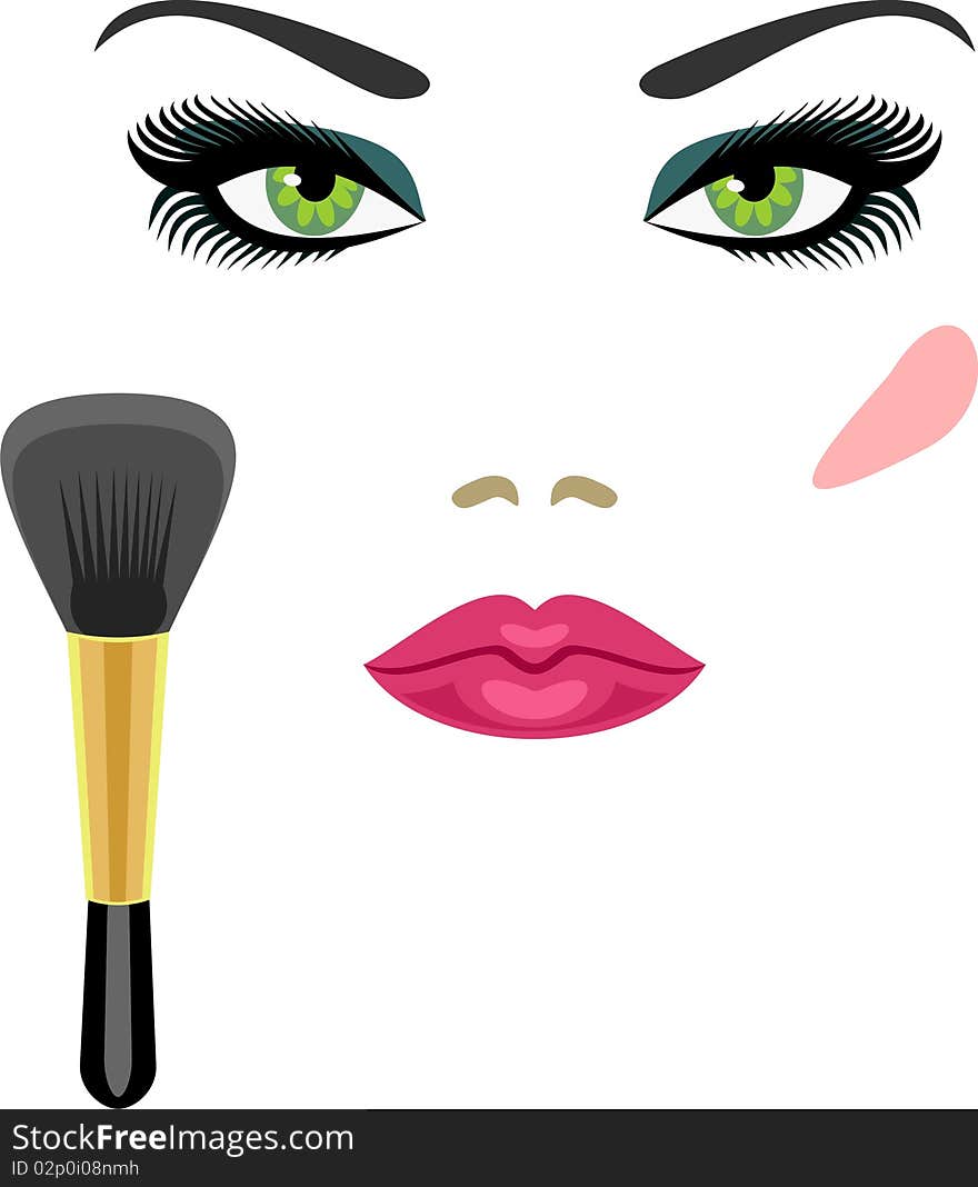 Sample makeup for green eyes and a brush for blush