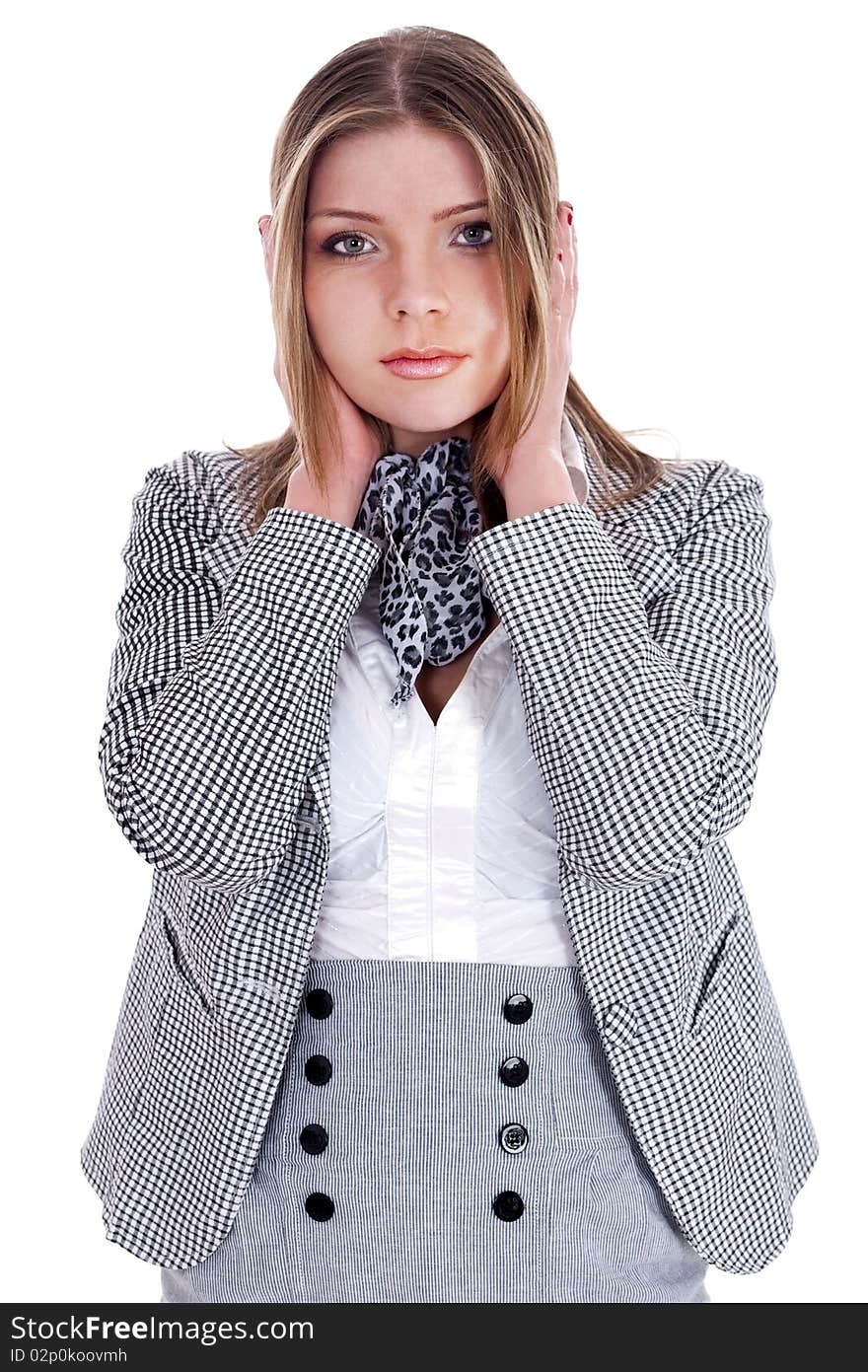 Young business women closing her ears with her hands over white background