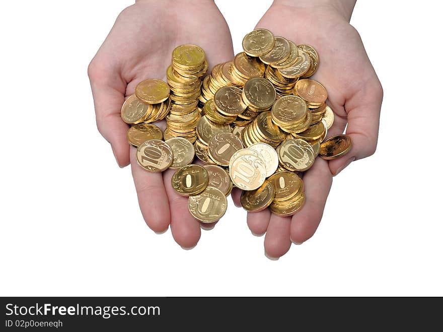 Set of coins in hands at the girl. Set of coins in hands at the girl