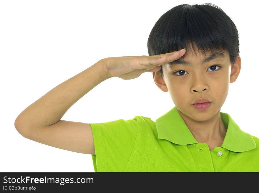 Boy saluting, isolated on white. Boy saluting, isolated on white