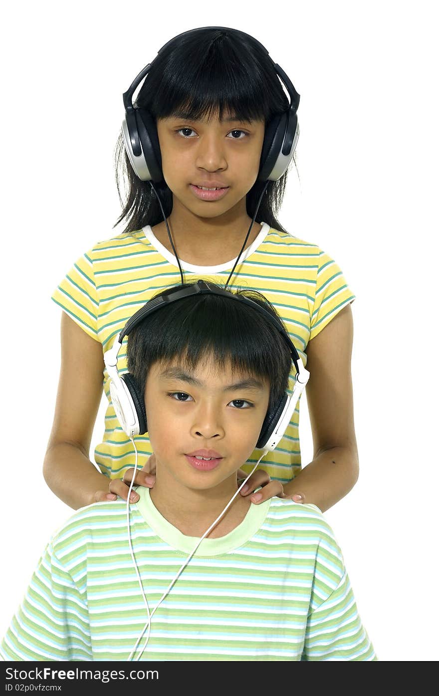 Couple asian student girl listening to music. Couple asian student girl listening to music