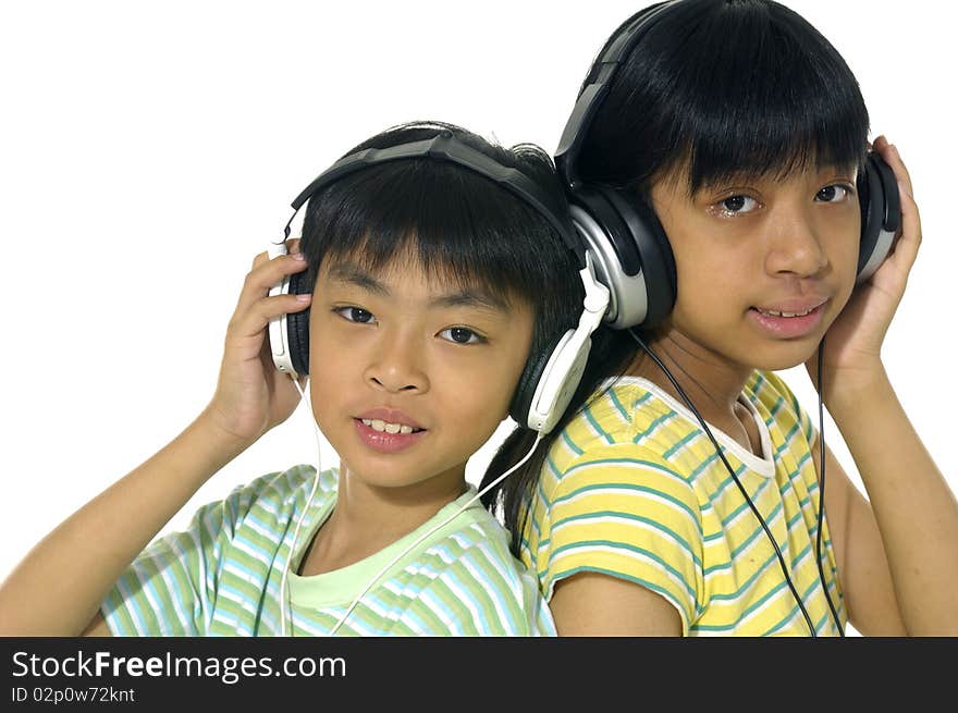 Couple asian student girl listening to music. Couple asian student girl listening to music