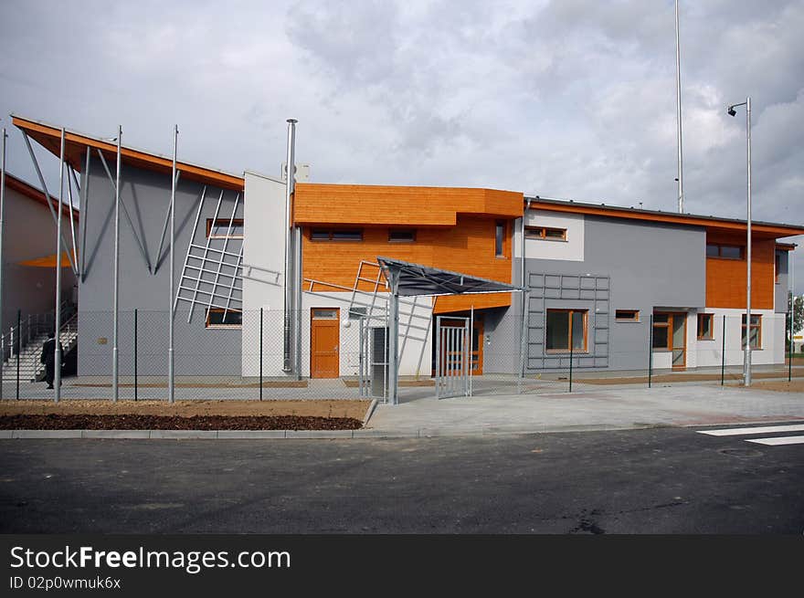 Modern building with wooden facade