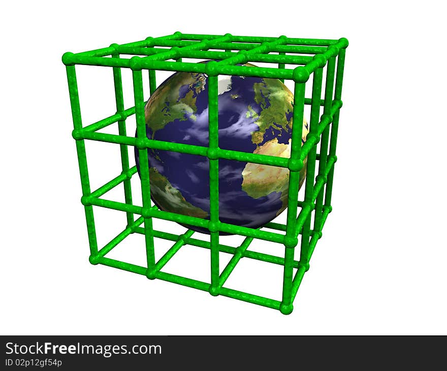 Earth in green cage, white background