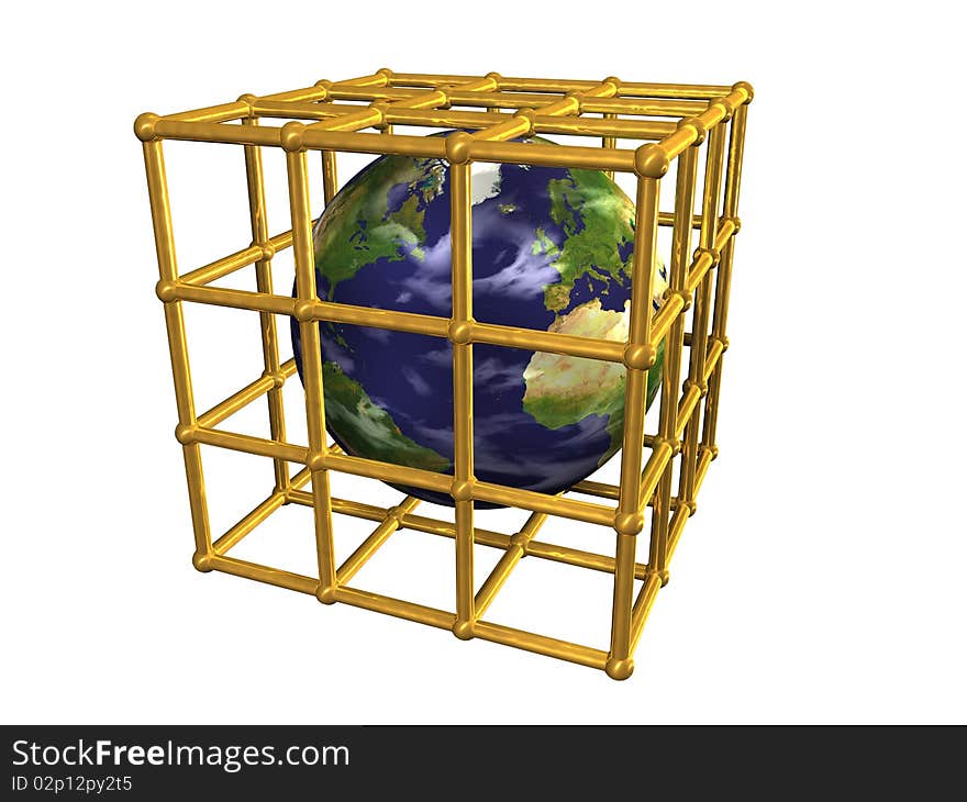 Earth in golden cage, white background