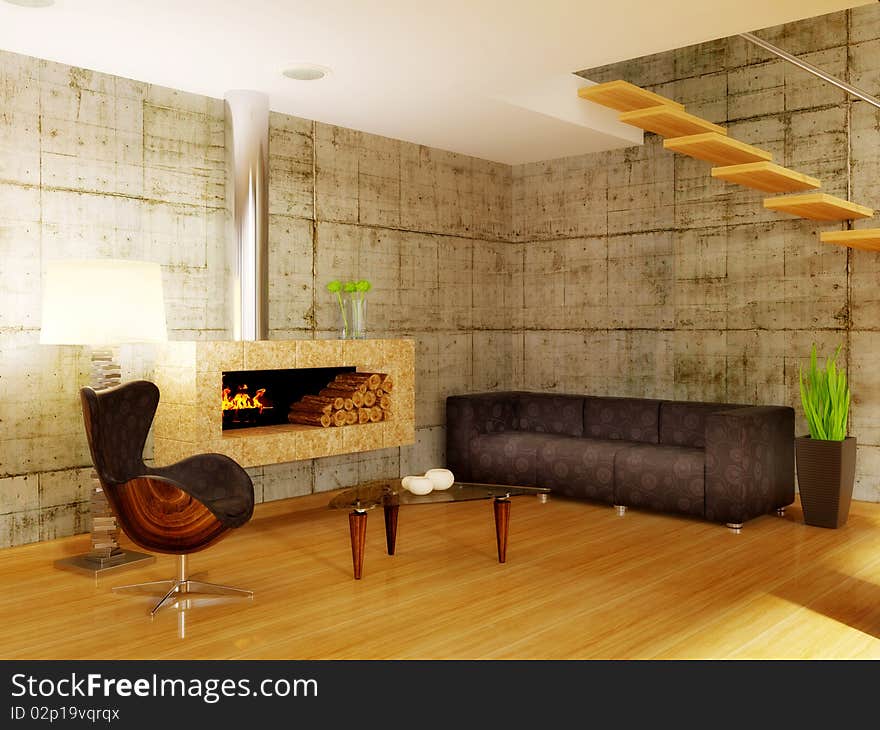 Modern interior room with fireplace  and concrete wall