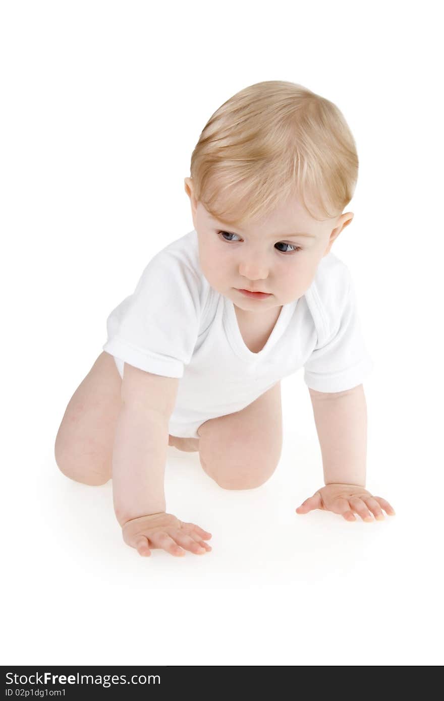 Infant crawler on all fours on white background.