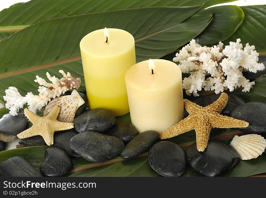 Spa setting- pebbles, candles ,shell and palm leaf