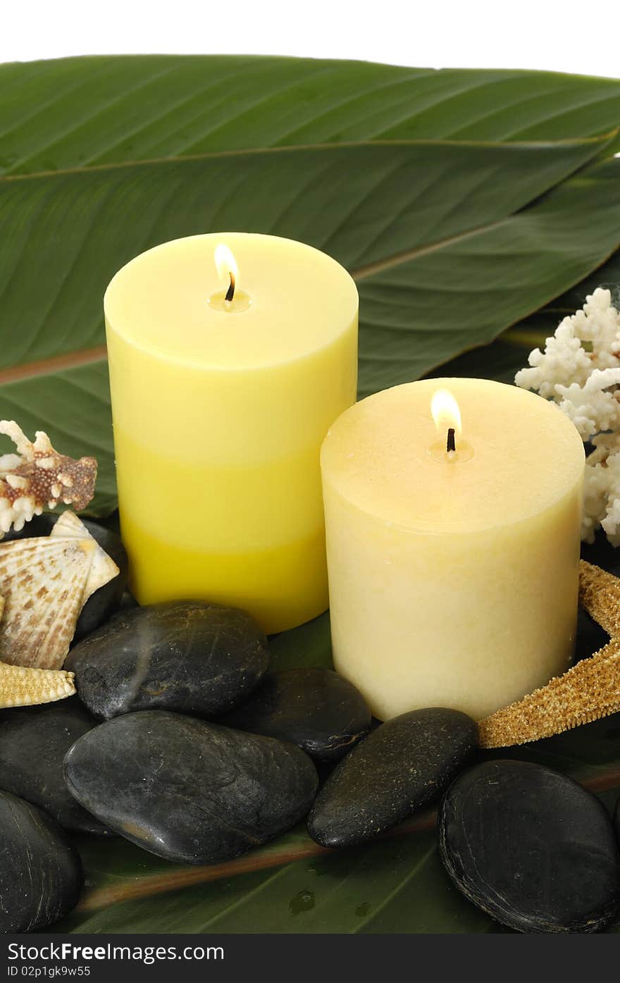 Spa setting- pebbles, candles ,shell and palm leaf