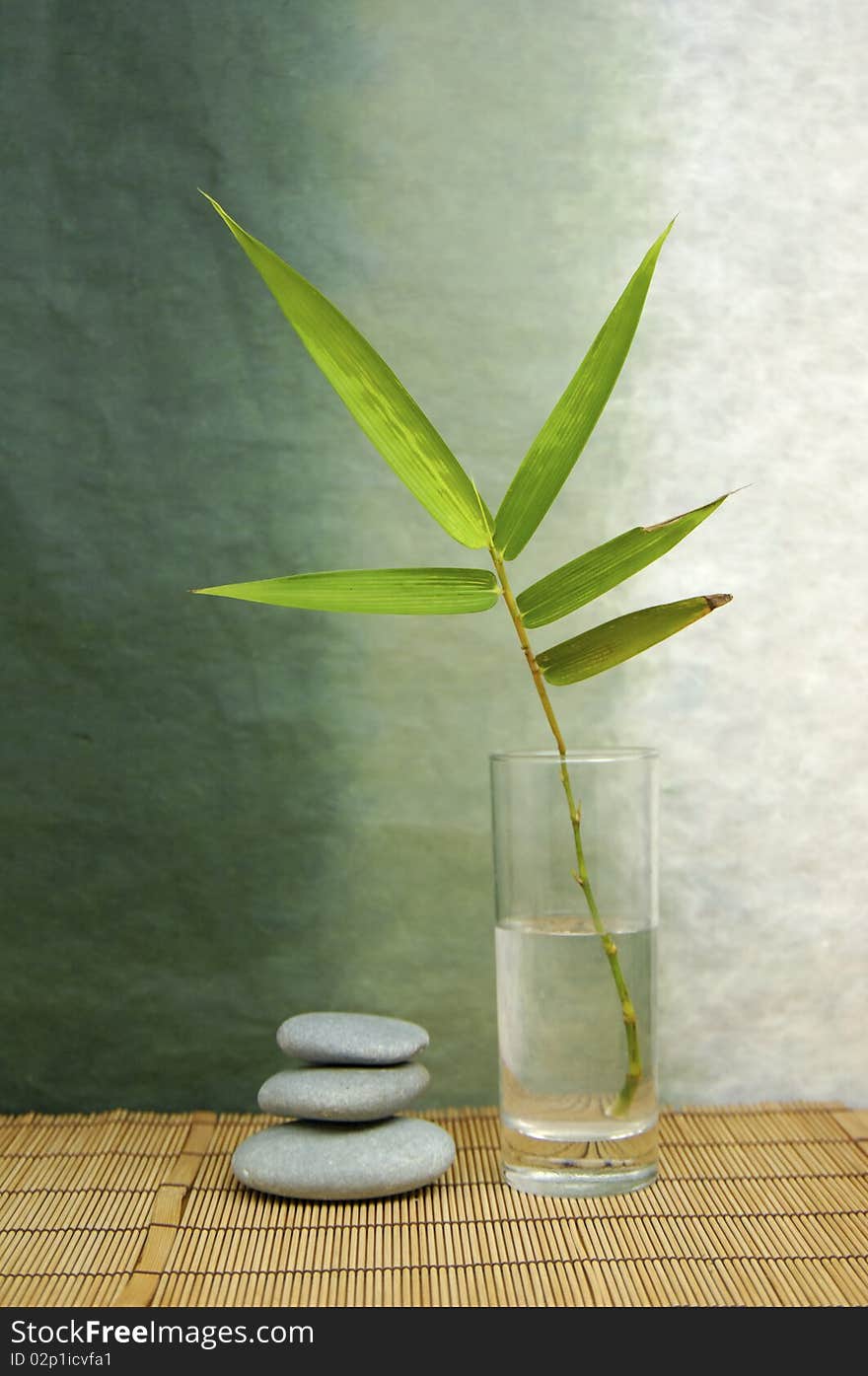 Bamboo leaf in vase with stacked stones. Bamboo leaf in vase with stacked stones