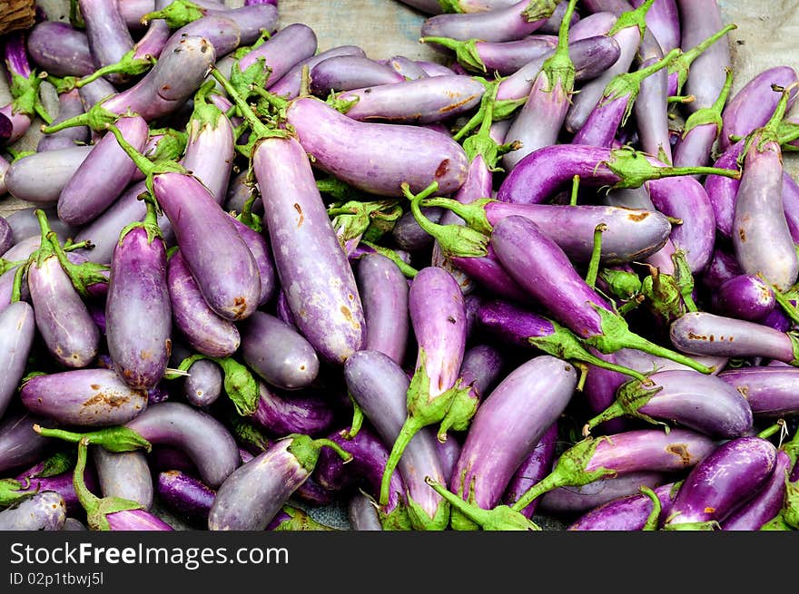 Eggplant at a market stall - often called Chinese eggplant or Japanese eggplant - common variety found throughout Asia. Eggplant at a market stall - often called Chinese eggplant or Japanese eggplant - common variety found throughout Asia