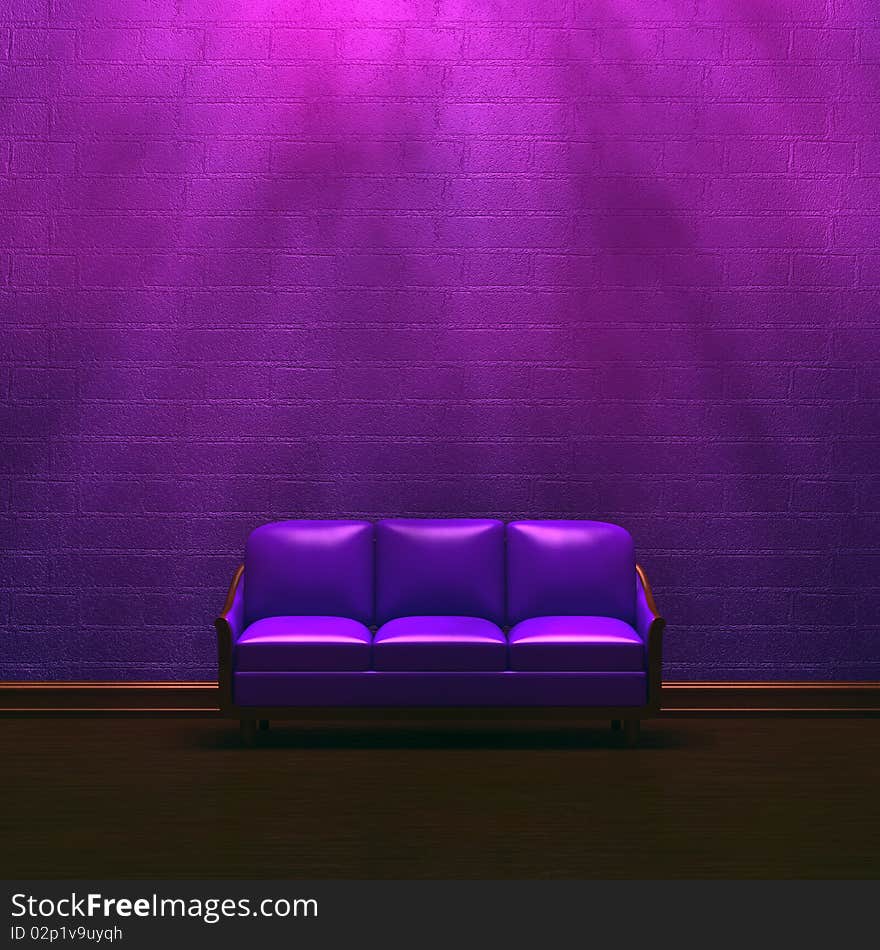 Alone purple couch in dark purple minimalist interior