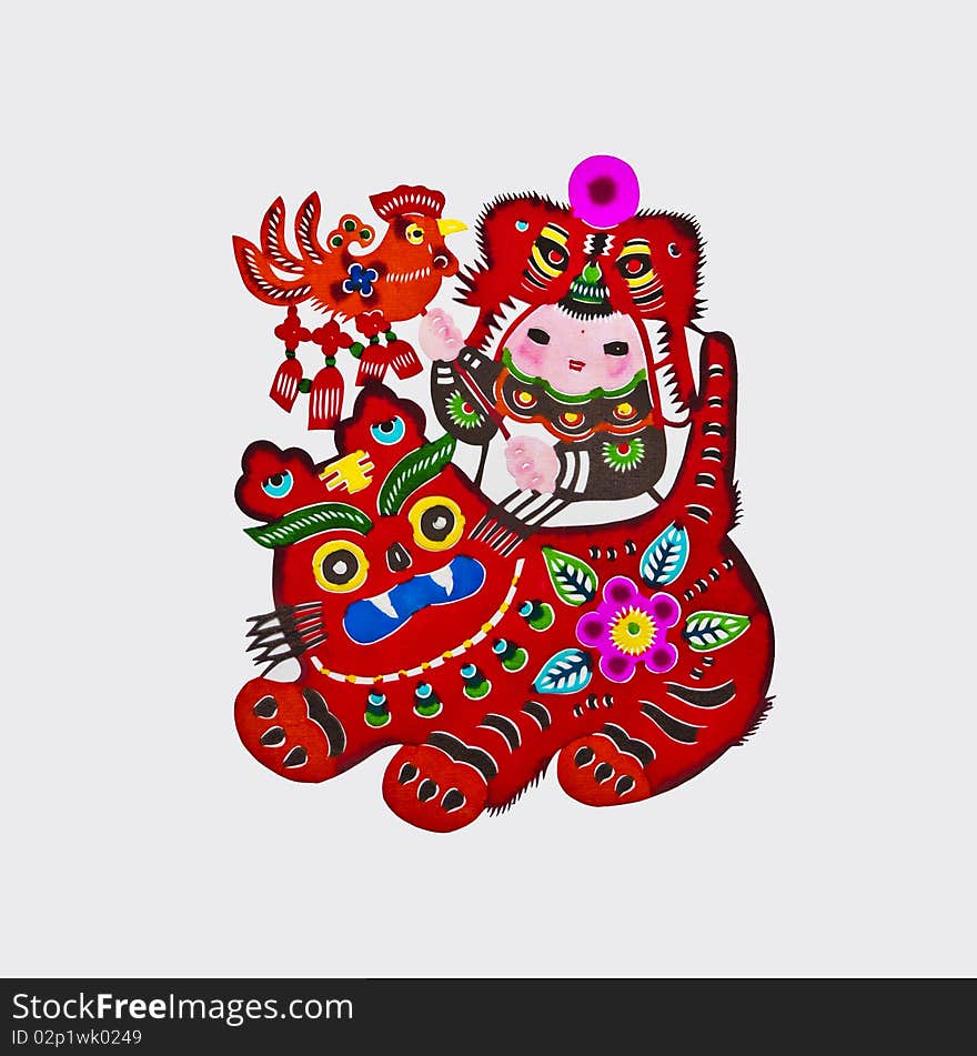 This paper-cutting features a lovely child of the year of Tiger. The child plays with a huge tiger, and wears a traditional tiger-shaped hat. The paper-cutting dates back to more than 1,000 years ago. In China, this folk art is royalty-free. This paper-cutting features a lovely child of the year of Tiger. The child plays with a huge tiger, and wears a traditional tiger-shaped hat. The paper-cutting dates back to more than 1,000 years ago. In China, this folk art is royalty-free.