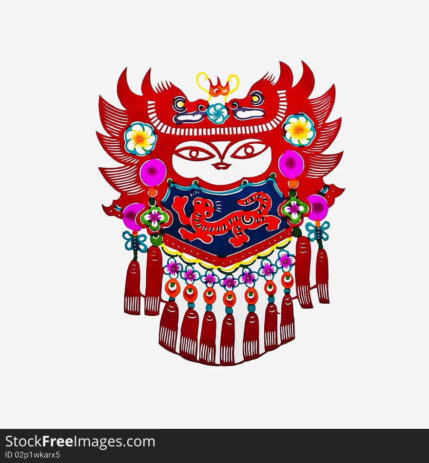 This paper-cutting features a lovely child of the year of Tiger. The child wears a traditional tiger-patterned bellyband, and a hat with two Chinese dragons on it. The paper-cutting dates back to more than 1,000 years ago. In China, this folk art is royalty-free. This paper-cutting features a lovely child of the year of Tiger. The child wears a traditional tiger-patterned bellyband, and a hat with two Chinese dragons on it. The paper-cutting dates back to more than 1,000 years ago. In China, this folk art is royalty-free.