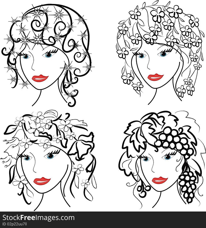 Four woman with hairstyles in contour. Four woman with hairstyles in contour