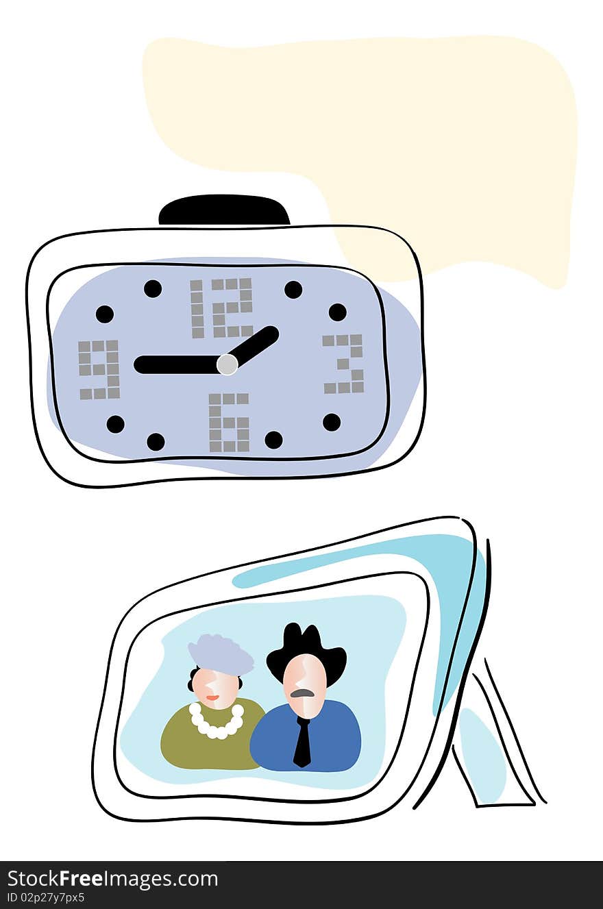 Old-fashion clock and family image.