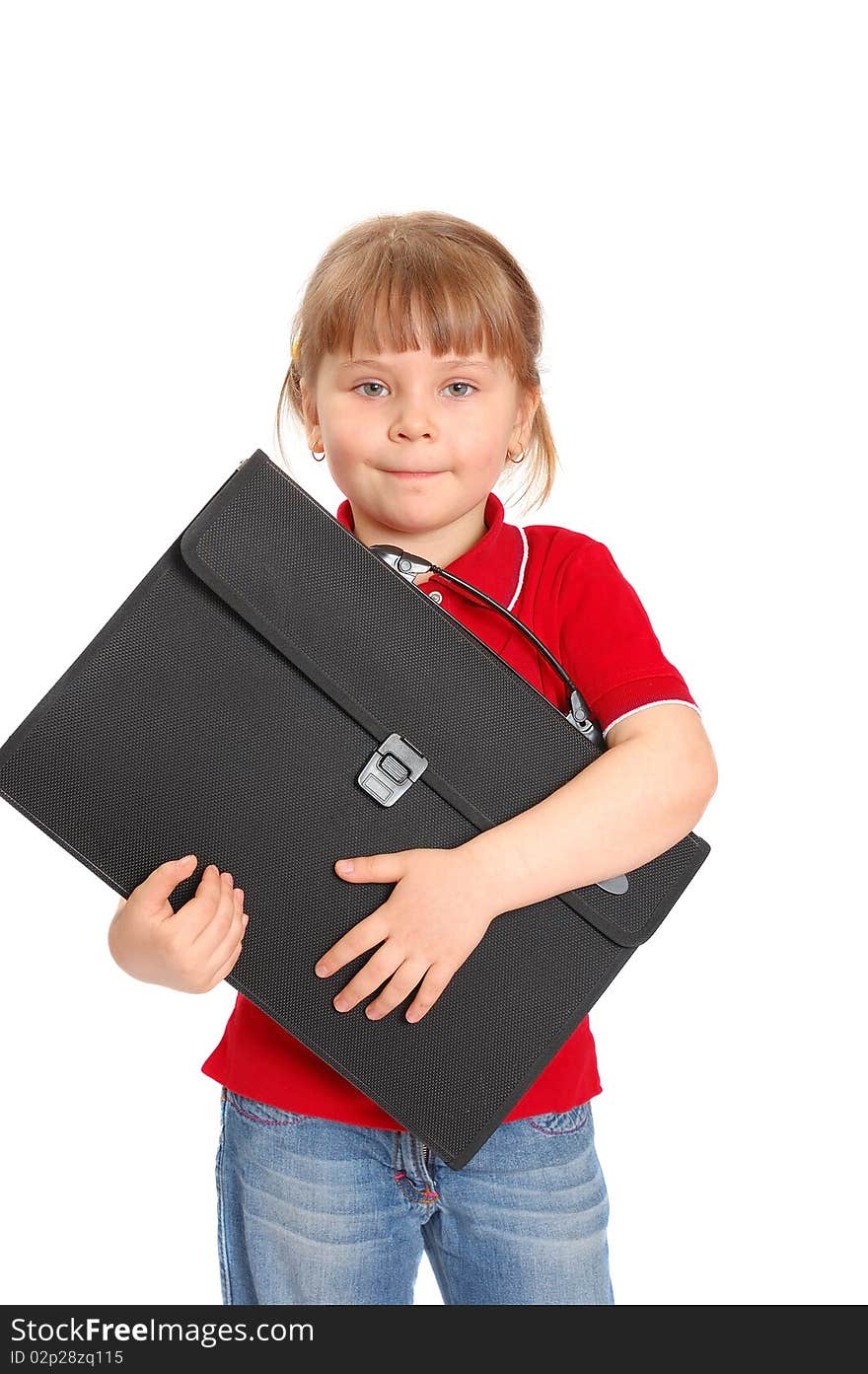 Little girl with a case on white background