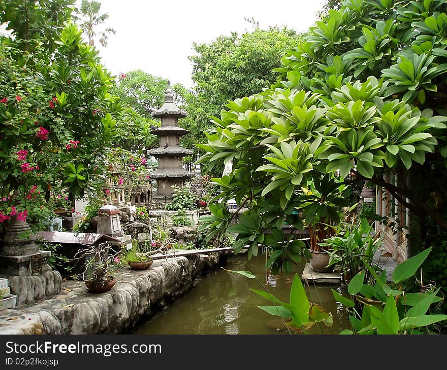 Beautiful garden in the temple.It had many plants and canal.