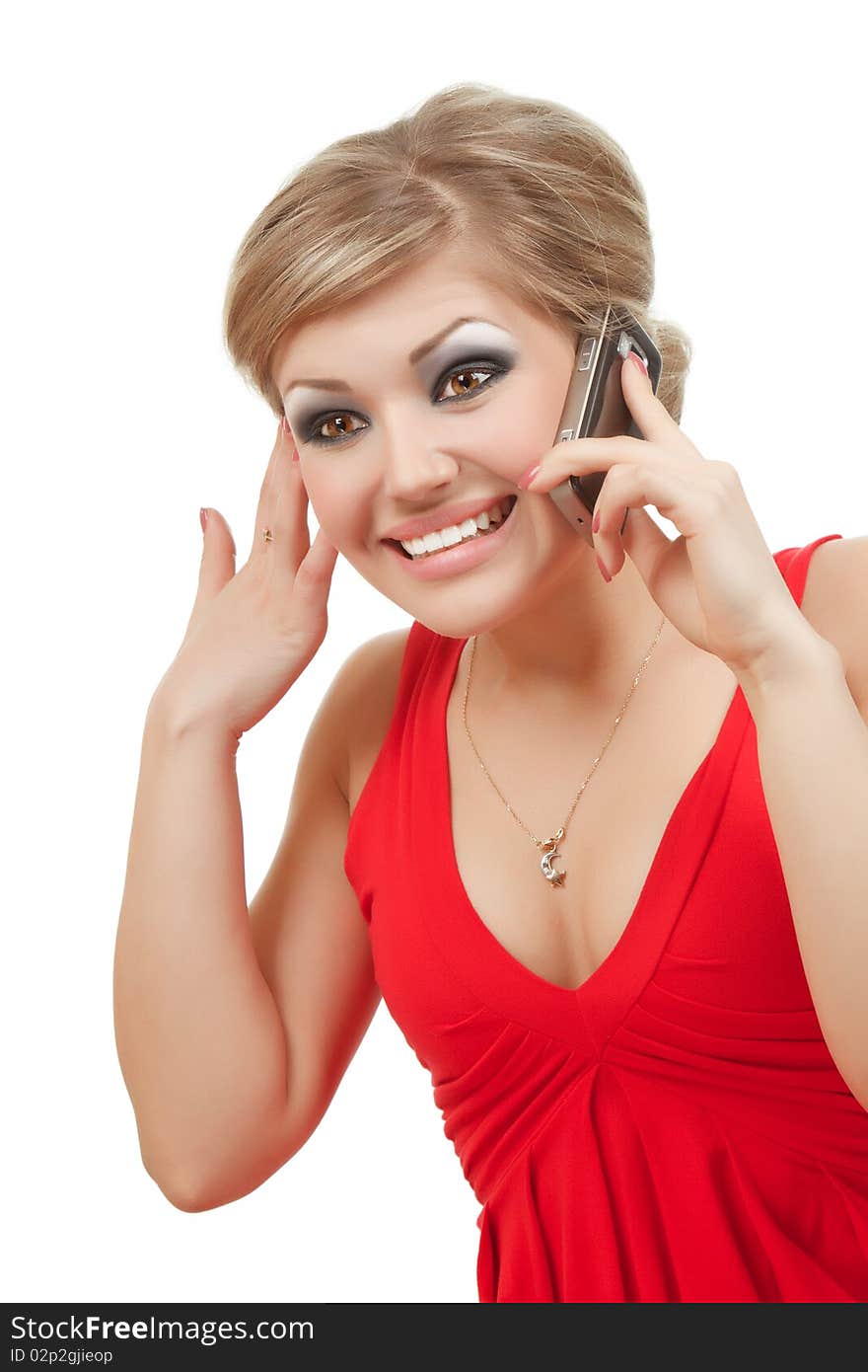 Girl with cellphone isolated over white background