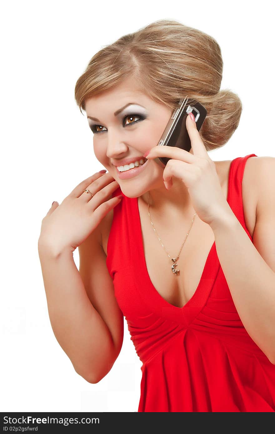 Girl with cellphone isolated over white background