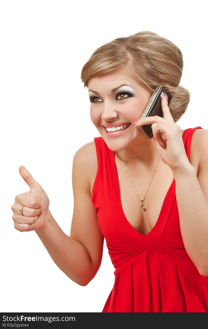 Girl with cellphone isolated over white background