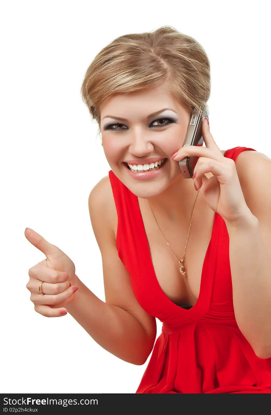 Girl with cellphone isolated over white background