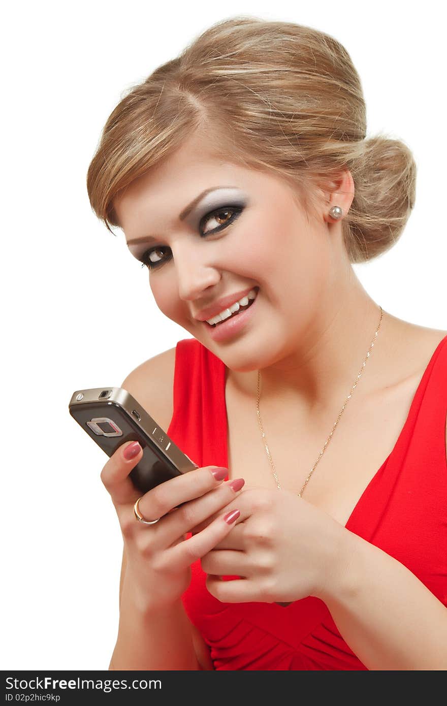 Girl with cellphone isolated over white background