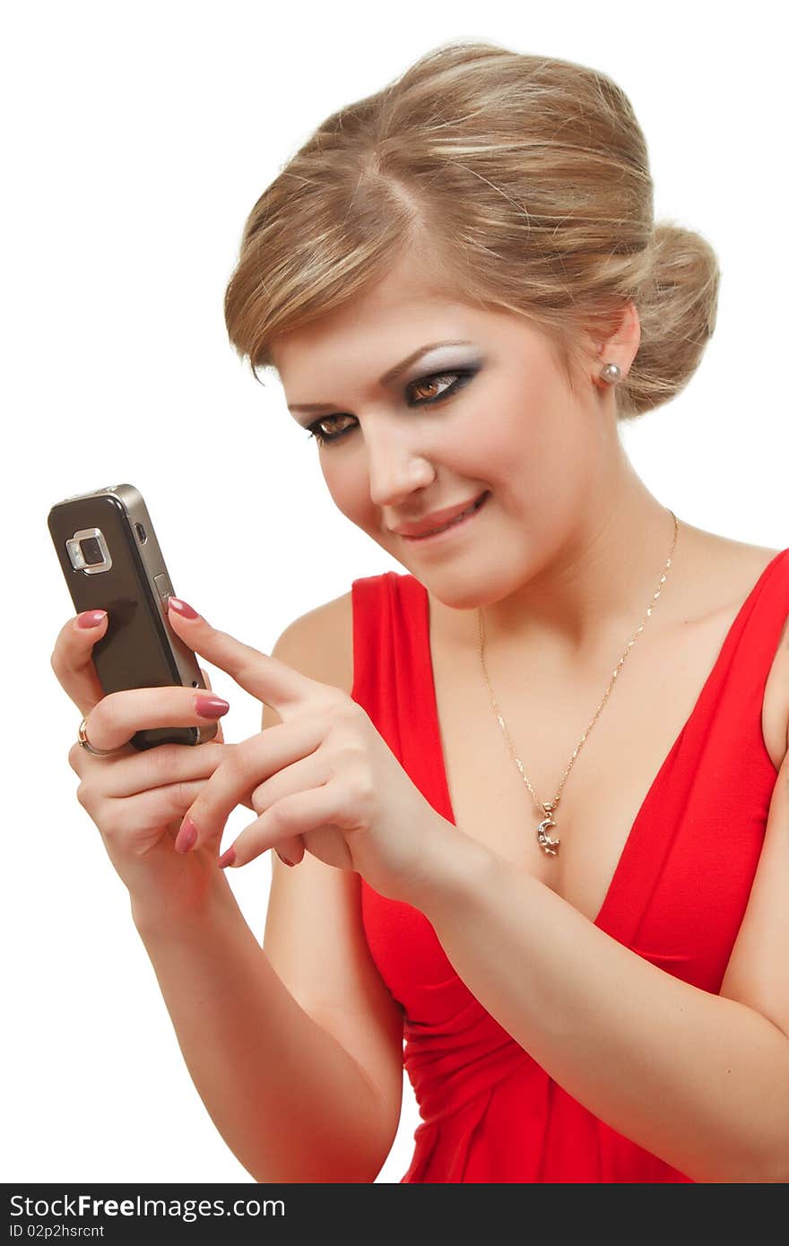 Girl with cellphone isolated over white background